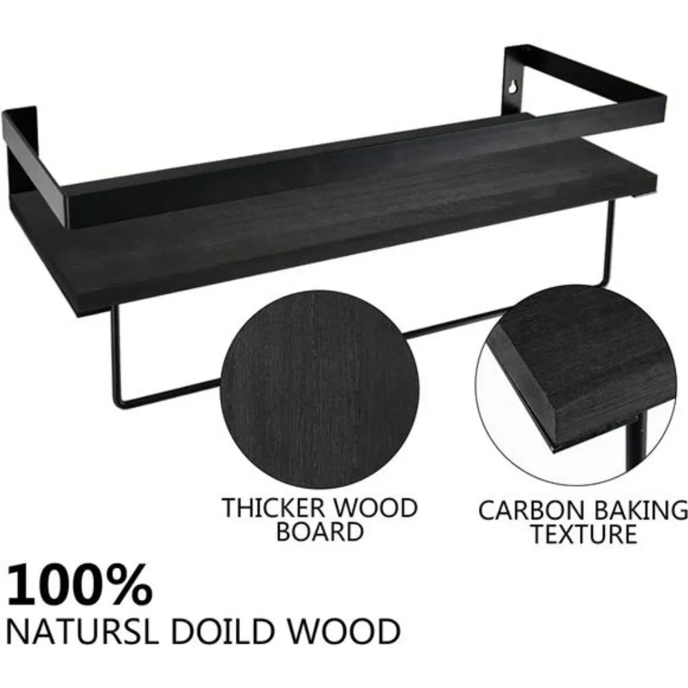 Bathroom Storage Shelf Wall Mounted Set of 2 with Removable Towel Bar (Black)